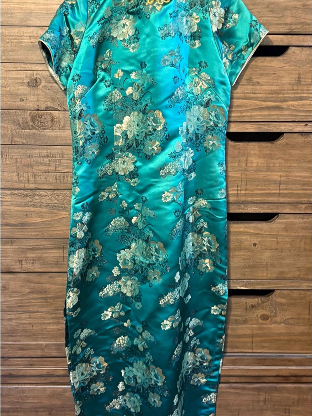 Handmade Teal Brocade Cheongsam Dress | Size 6 | 52” L | Mandarin Collar Formal - Picture 5 of 9